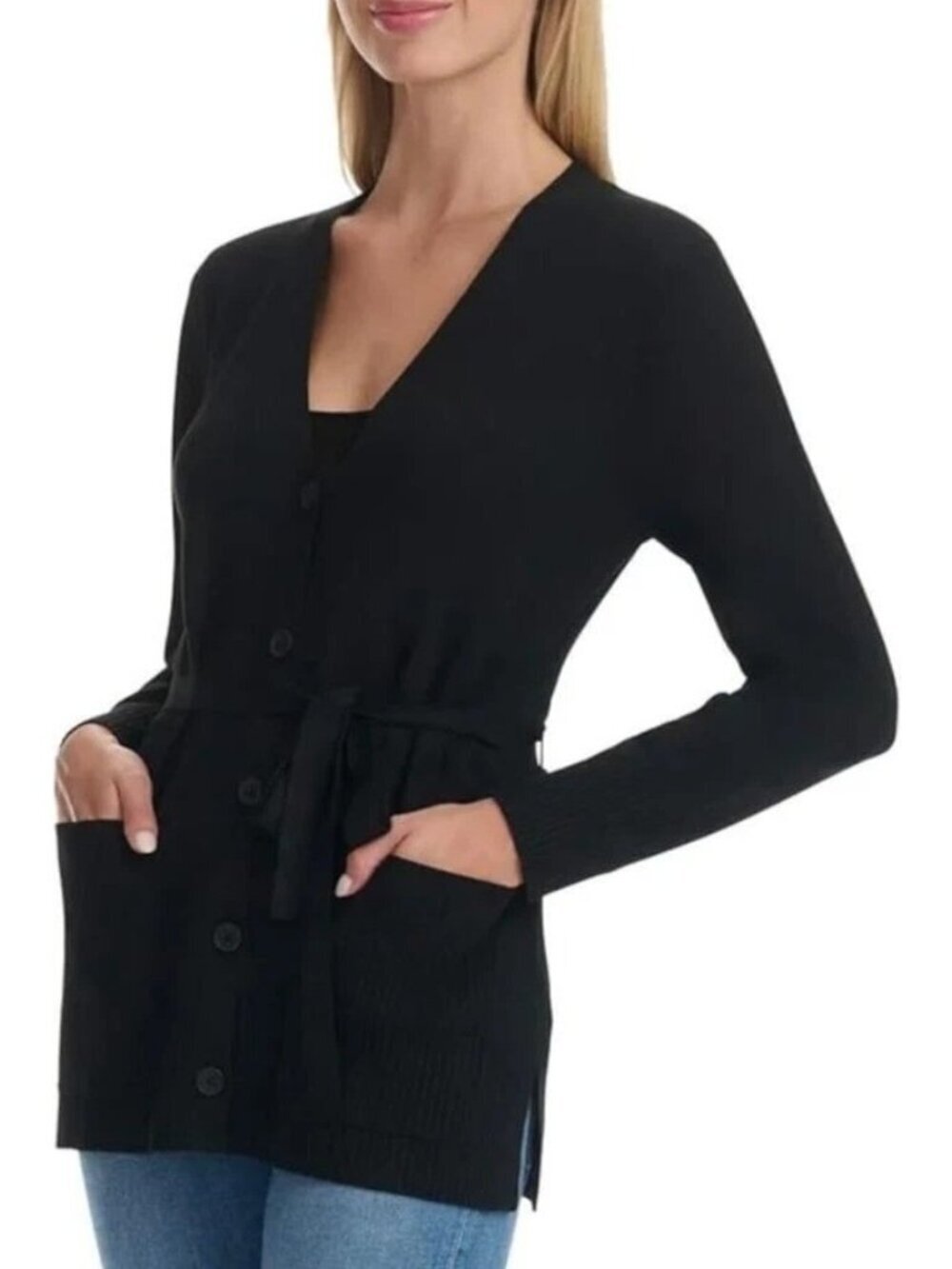 NWOT Splendid Women's M Black Button-Up Cardigan With Tie Belt & Pockets B1282